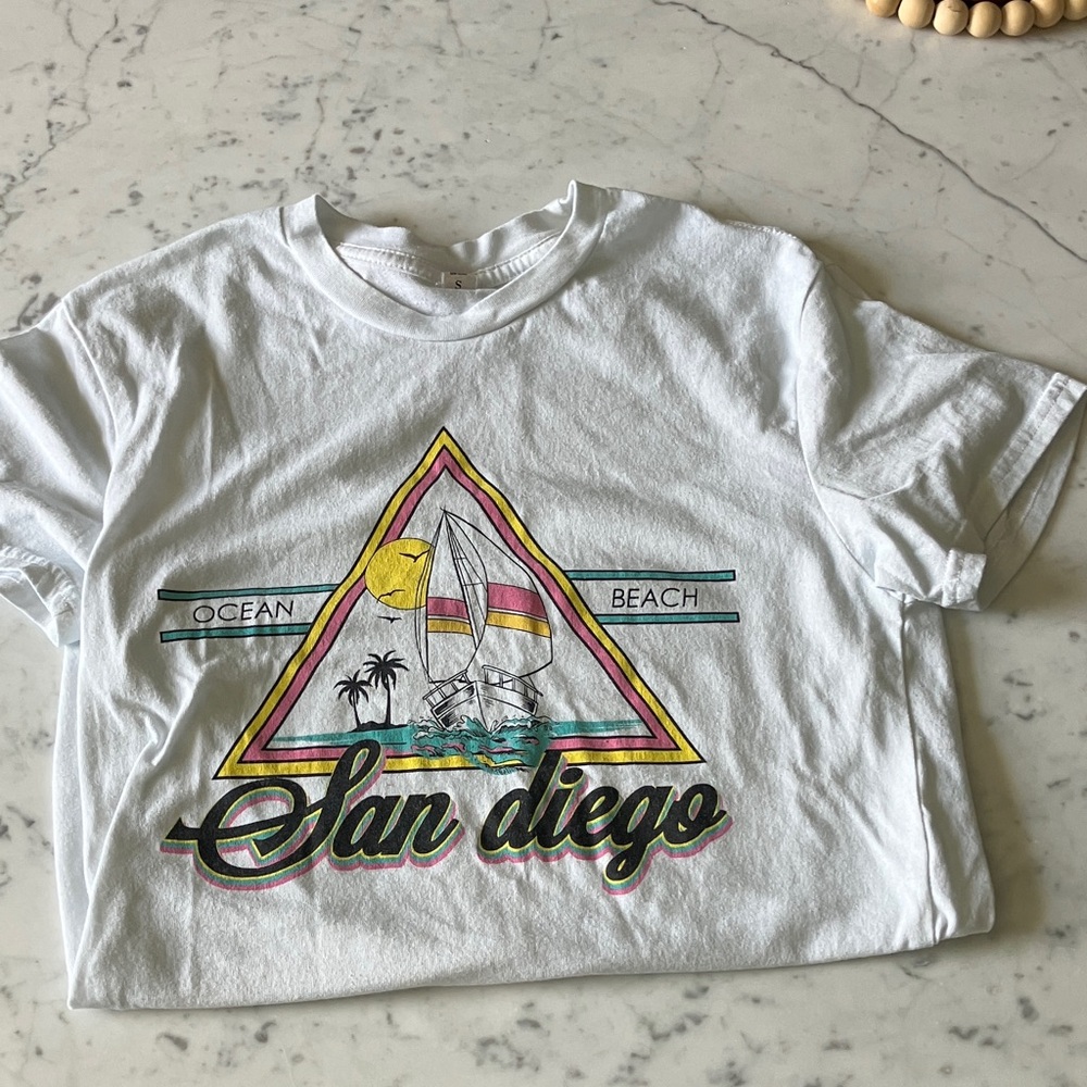 Vintage White San Diego Graphic Tee with Yellow, Pink & Teal Accents
